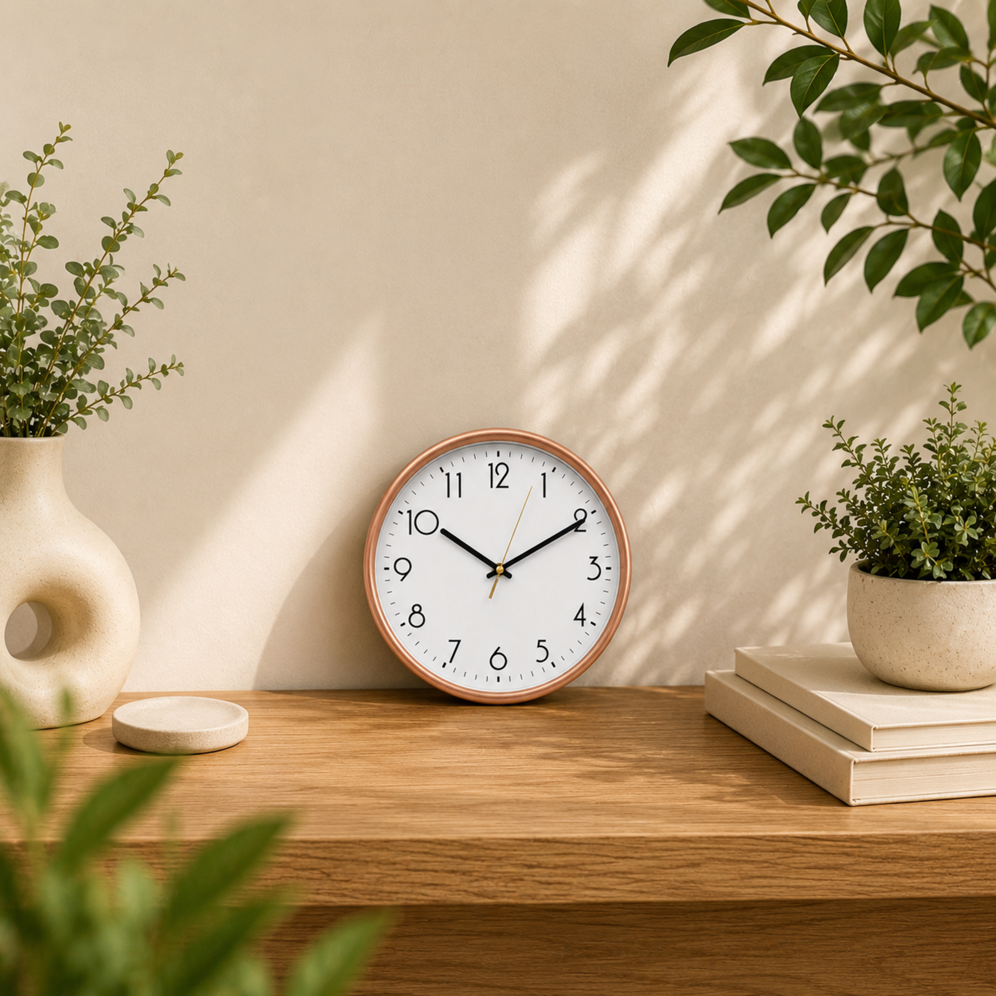 Silent Analog Wall Clock | Rose Gold Framed Bedroom Clock | Battery Operated Quiet Clock for Workspace