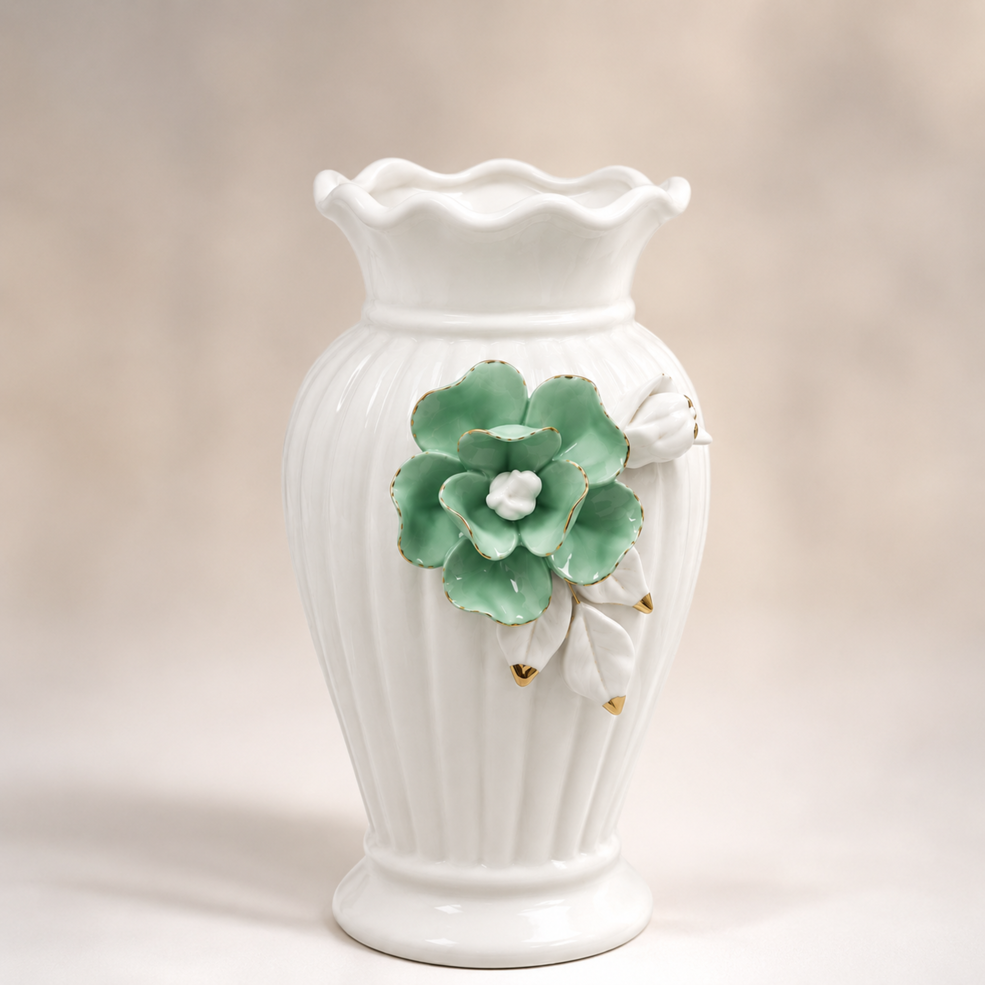 Elegant White Ceramic Flower Vase with Mint Green Floral Accent & Gold Trim