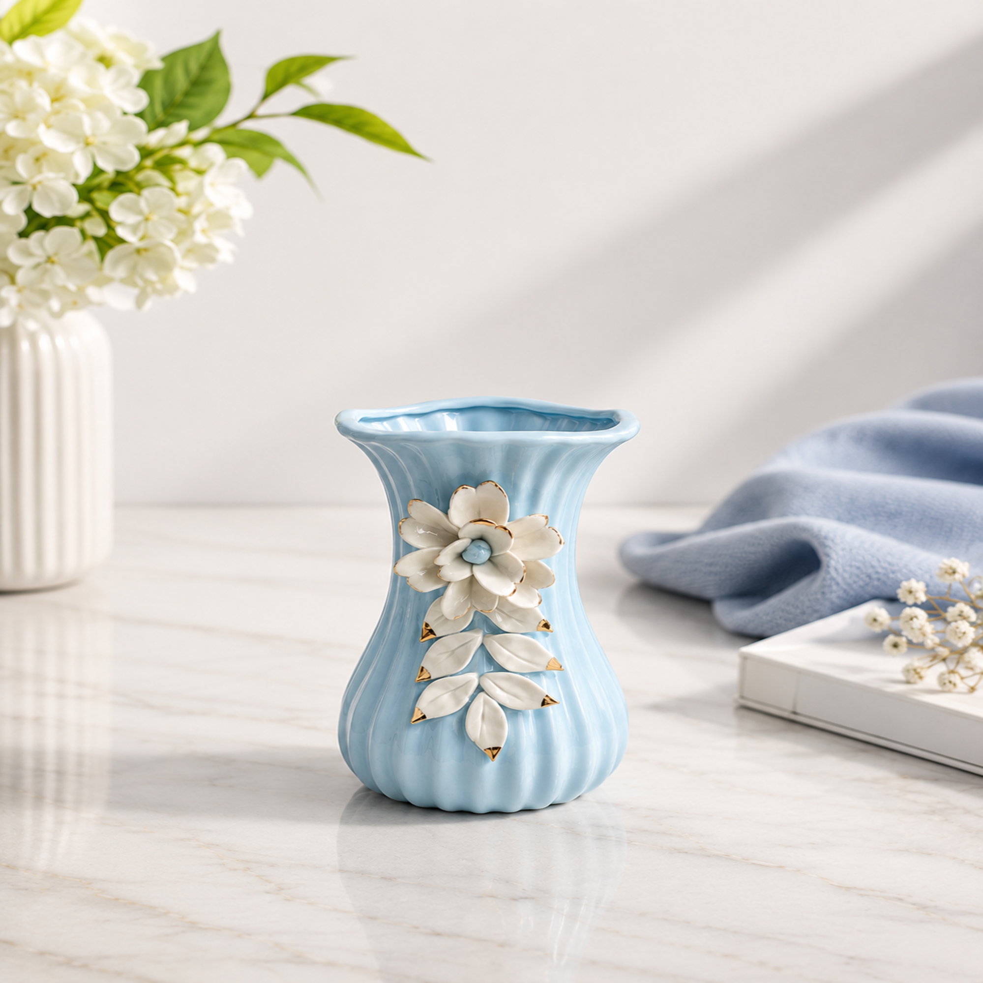 Mini Sky Blue Ceramic Flower Vase with White Floral Design & Gold Accent – Decorative Tabletop Vase