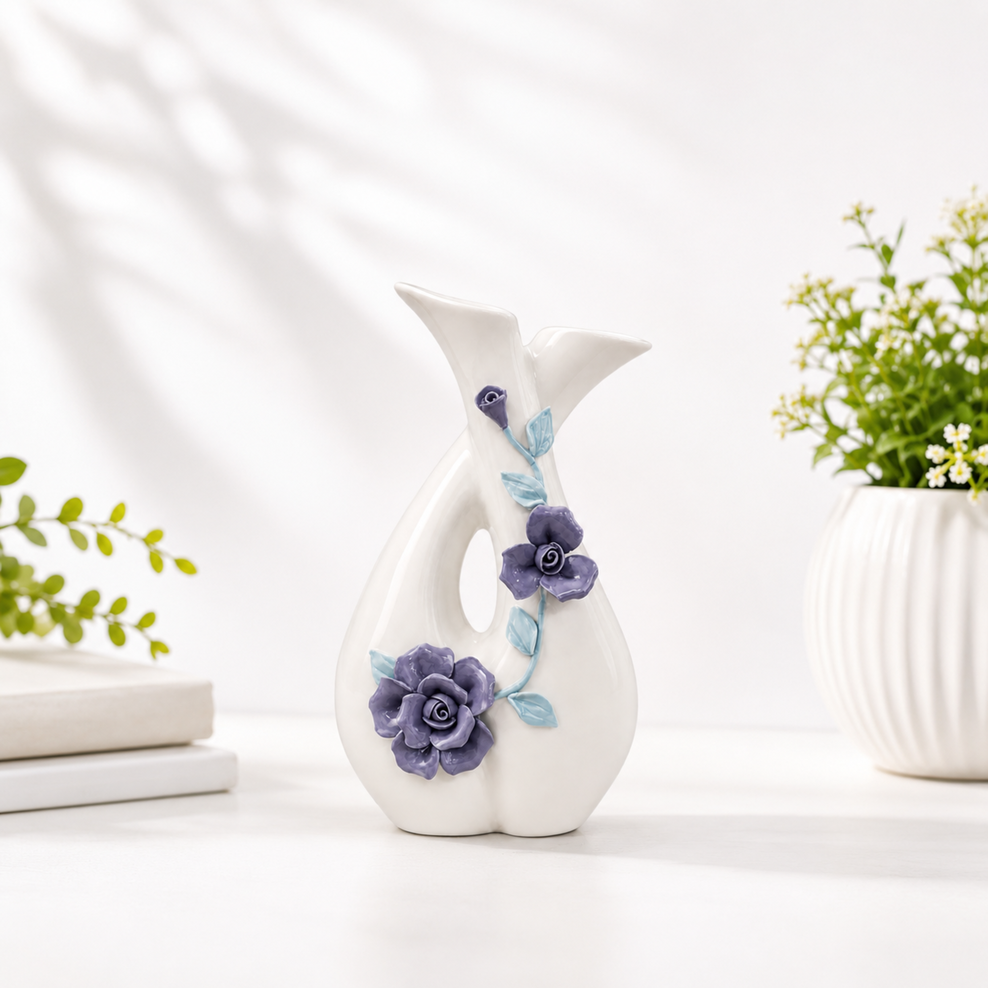 Purple Rose Embossed White Ceramic Vase – Minimalist Art Decor for Home & Office