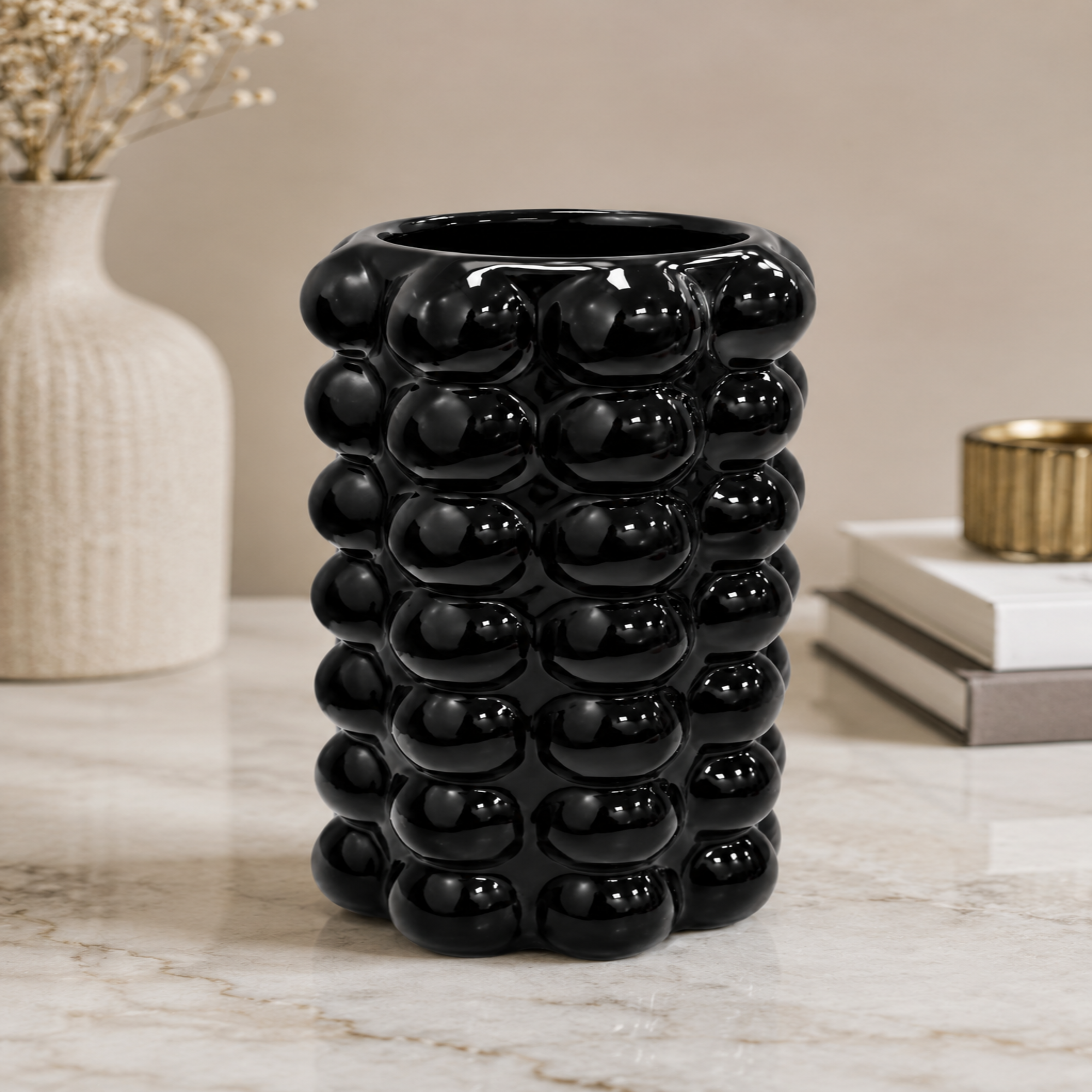 Modern Bubble Ceramic Vase – Glossy Black Decorative Flower Vase for Contemporary Home Décor