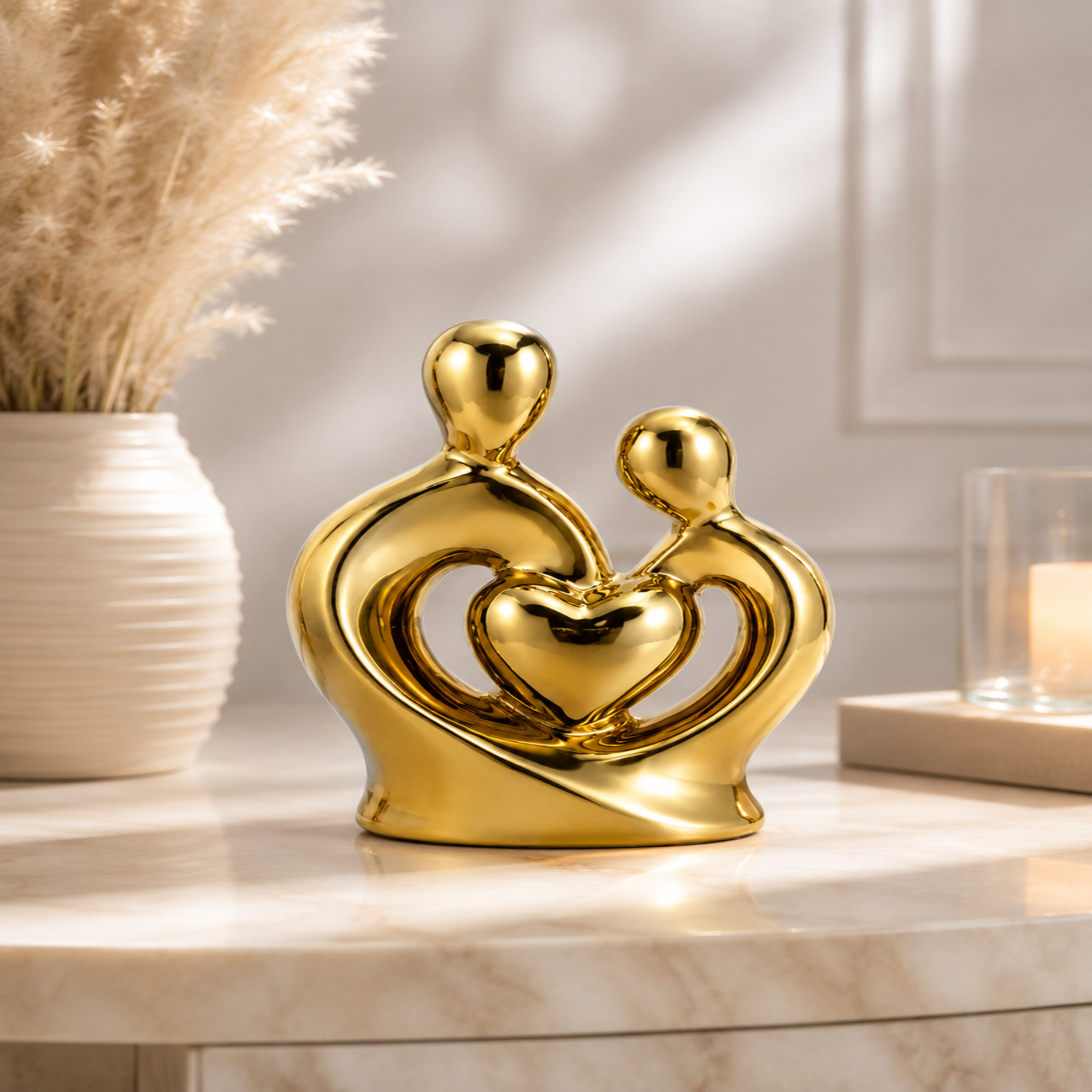 Golden Abstract Couple Heart Sculpture – Luxury Modern Home Décor Showpiece