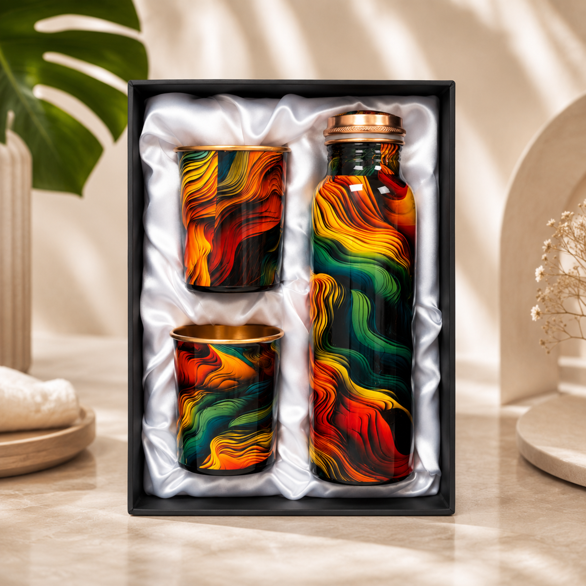 Premium Artistic Flask & Tumbler Gift Set – Stainless Steel Water Bottle with 2 Cups