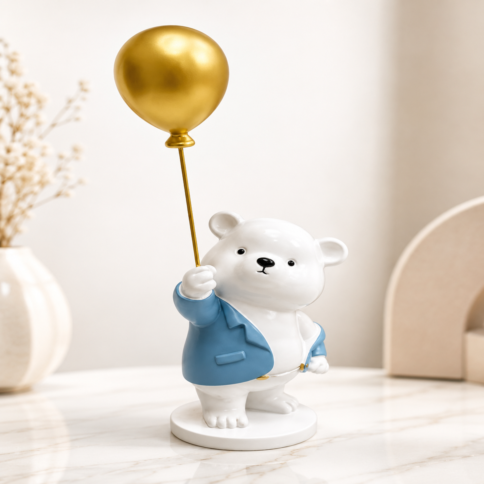 Cute Polar Bear with Golden Balloon – Decorative Resin Showpiece for Home Décor