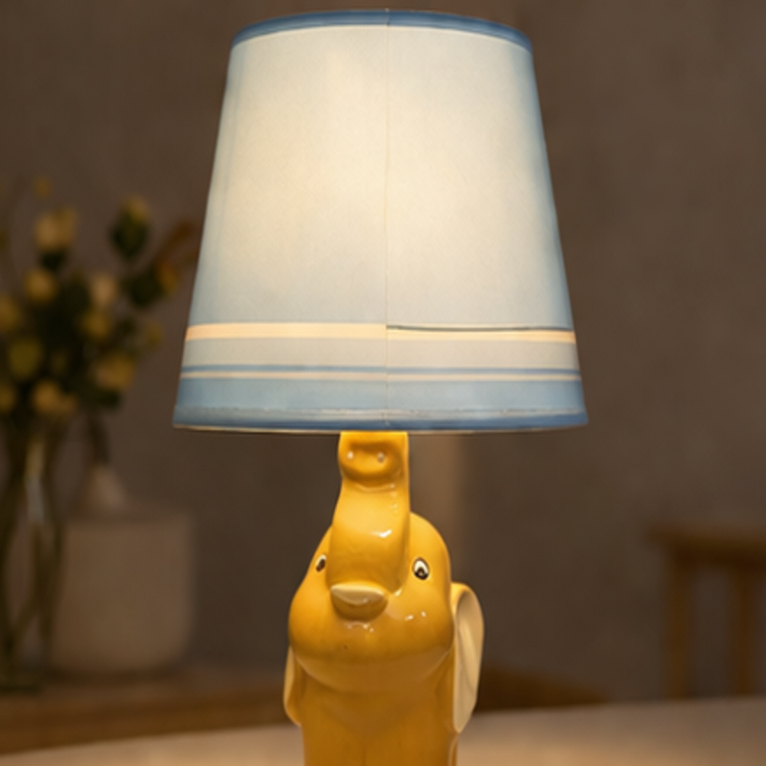 Yellow Elephant Ceramic Table Lamp with Blue Striped Shade – Cute Animal Nursery Nightlight for Kids