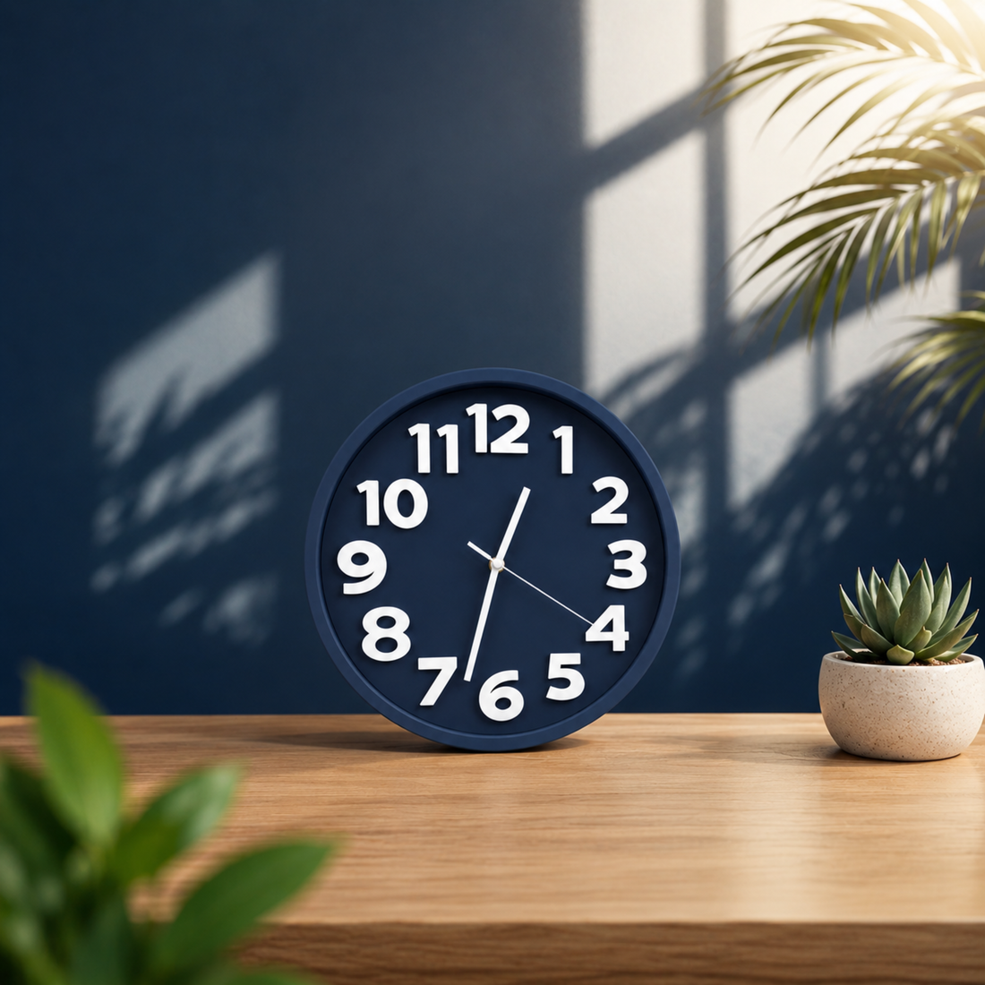 Modern Navy Blue Minimalist Round Table Clock – Silent Non-Ticking Desktop Analog Clock for Home &amp; Office Decor