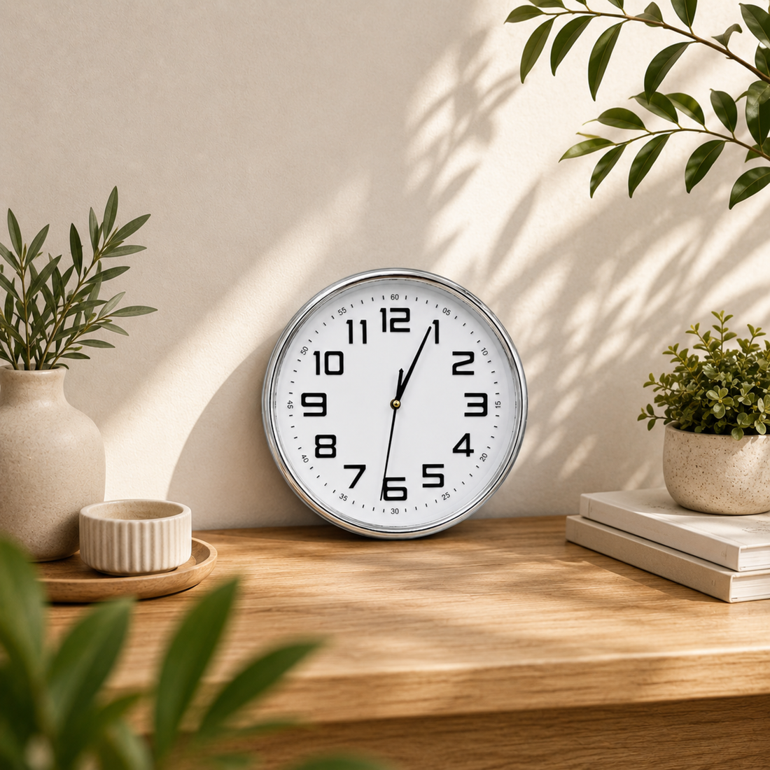 Silent Analog Wall Clock | Chrome Framed Industrial Clock | Large Number Battery Operated Quiet Clock