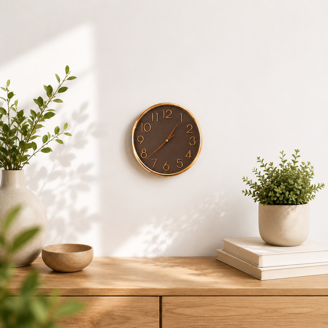 Silent Analog Wall Clock | Gold Framed Brown Office Clock | Battery Operated Mid-Century Modern Wall Decor