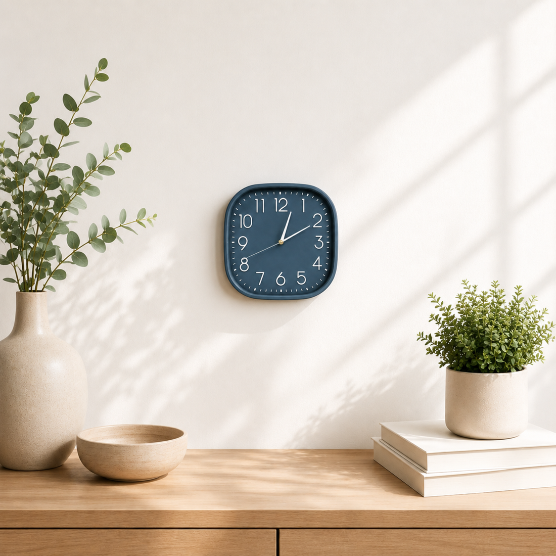 Minimalist Square Analog Wall Clock | Battery Operated Quiet Clock | Navy Blue Decorative Wall Art