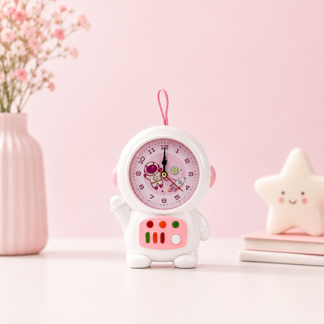 Children’s Space Travel Alarm Clock | Astronaut Shape Analog Clock | Pink Galaxy Theme Nursery Gift