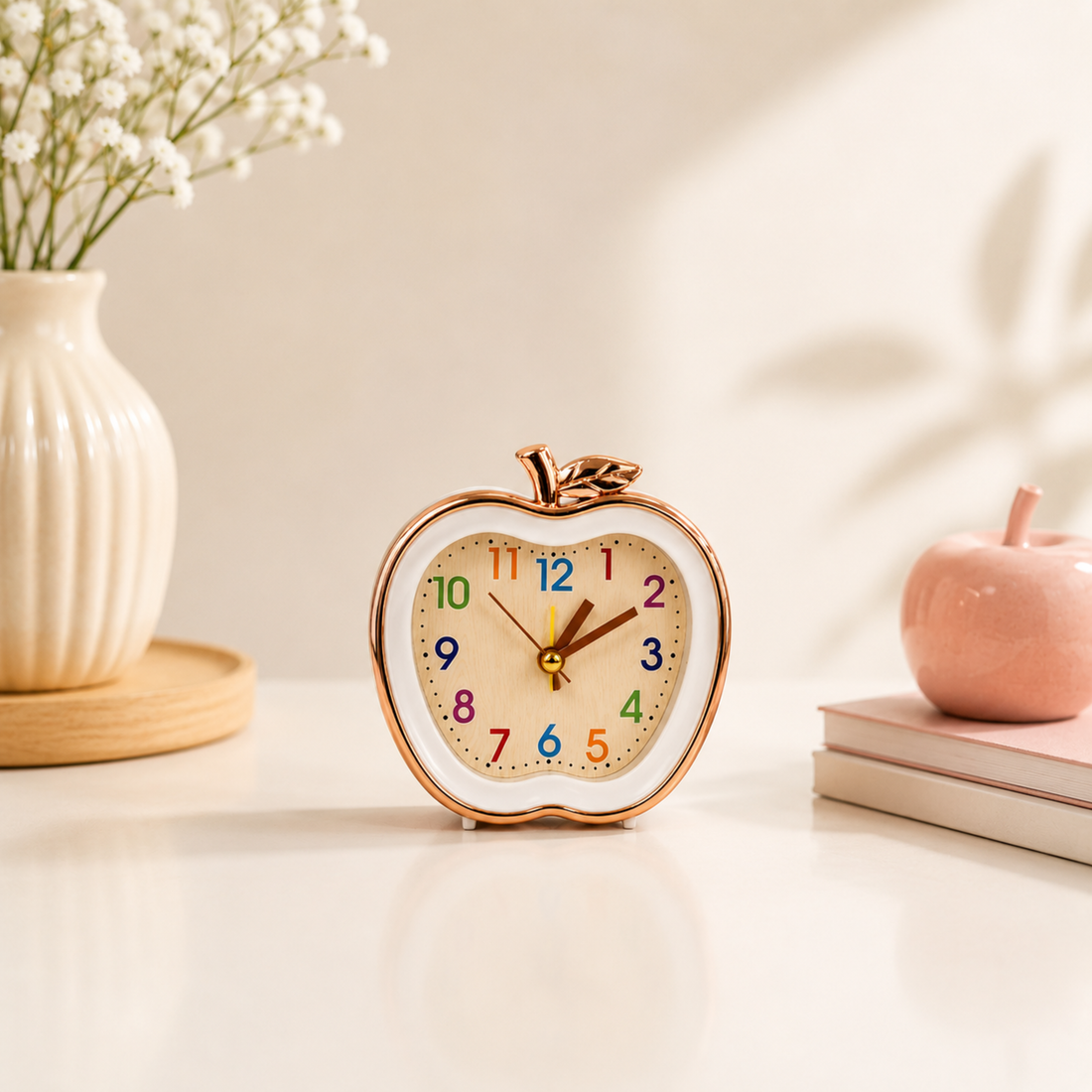 Children’s Analog Alarm Clock | Silent Non-Ticking Apple Clock | Rose Gold &amp; Wood Grain Bedside Decor