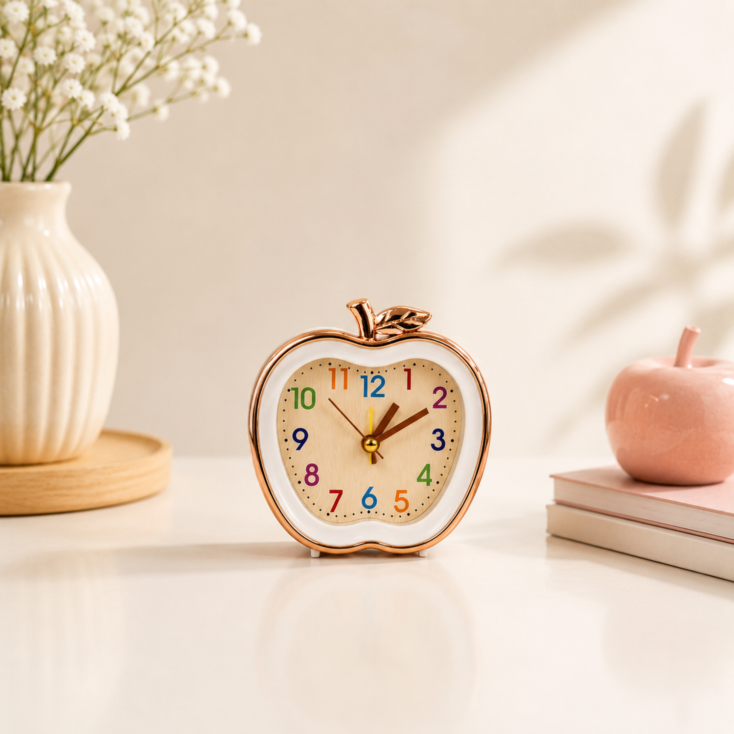 Children’s Analog Alarm Clock | Silent Non-Ticking Apple Clock | Rose Gold &amp; Wood Grain Bedside Decor