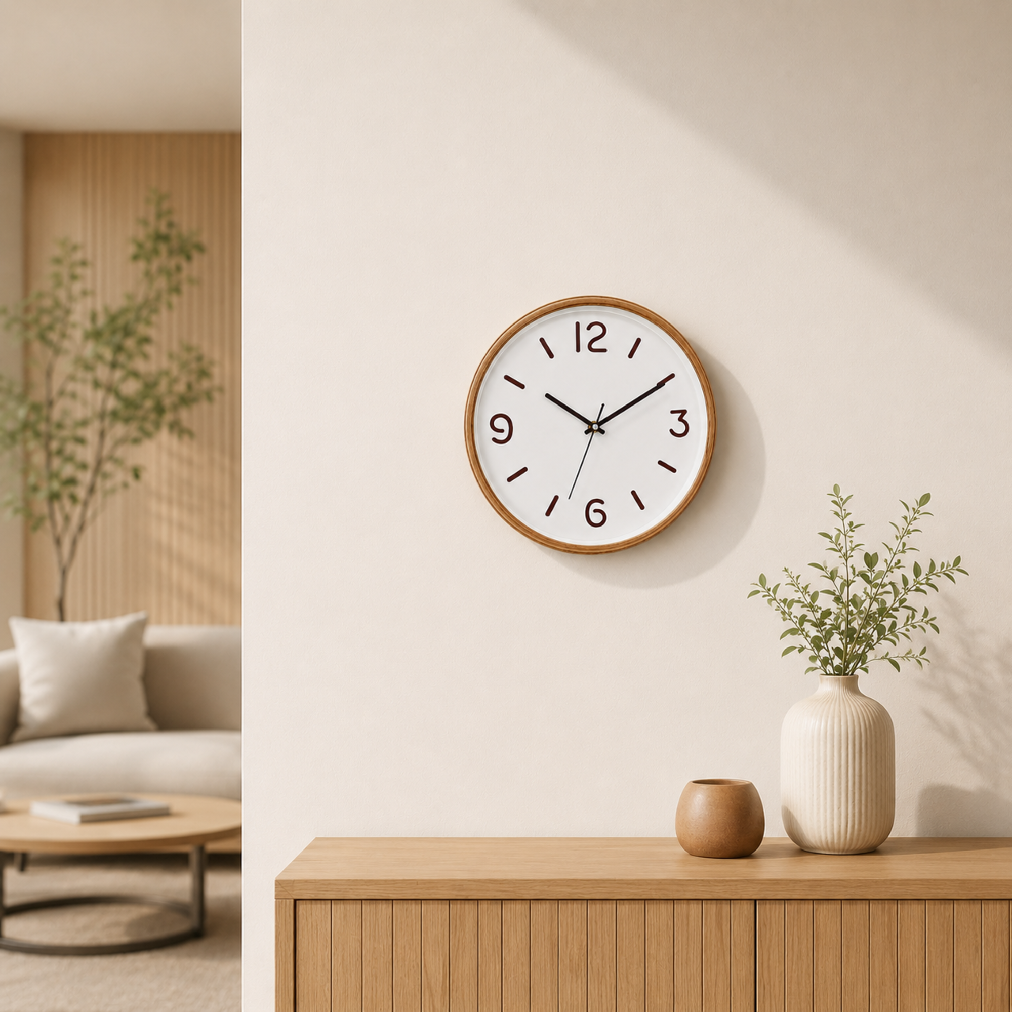 Nordic Minimalist Wooden Wall Clock – 12-Inch Silent Non-Ticking Analog Clock with Natural Oak Frame for Living Room &amp; Kitchen Decor