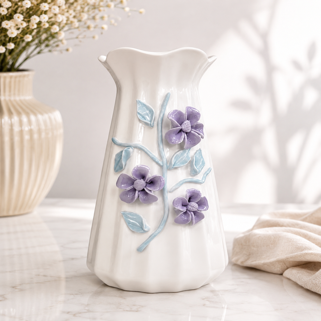 White Ceramic Floral Vase – Elegant Handcrafted Purple Flower Decorative Vase for Home &amp; Table Décor