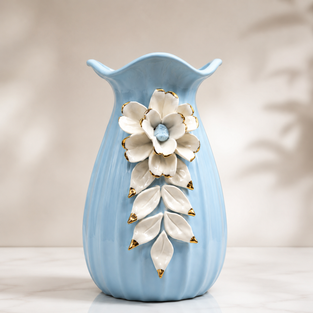 Luxury Sky Blue Ceramic Flower Vase with White Floral Design &amp; Gold Accents