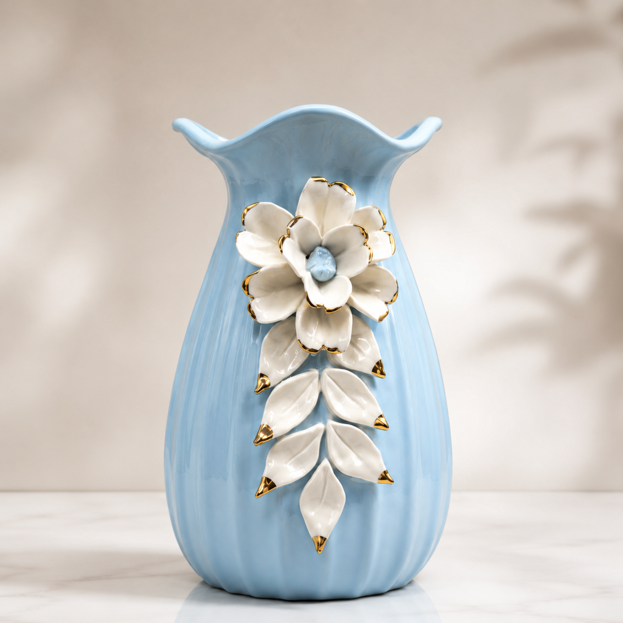 Luxury Sky Blue Ceramic Flower Vase with White Floral Design &amp; Gold Accents