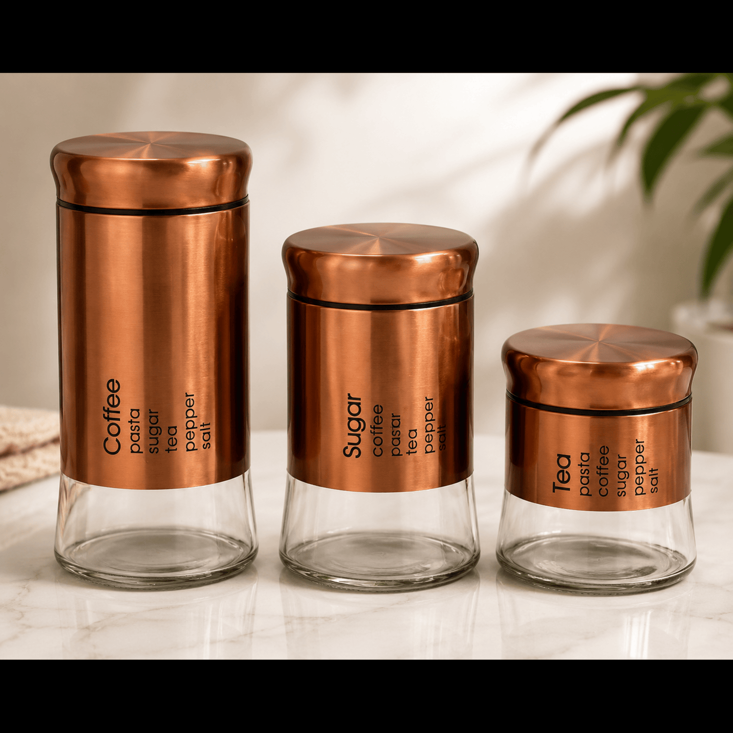 Premium Copper Finish Glass Kitchen Storage Jar Set with Airtight Lid | Coffee, Sugar &amp; Tea Containers (Set of 3)