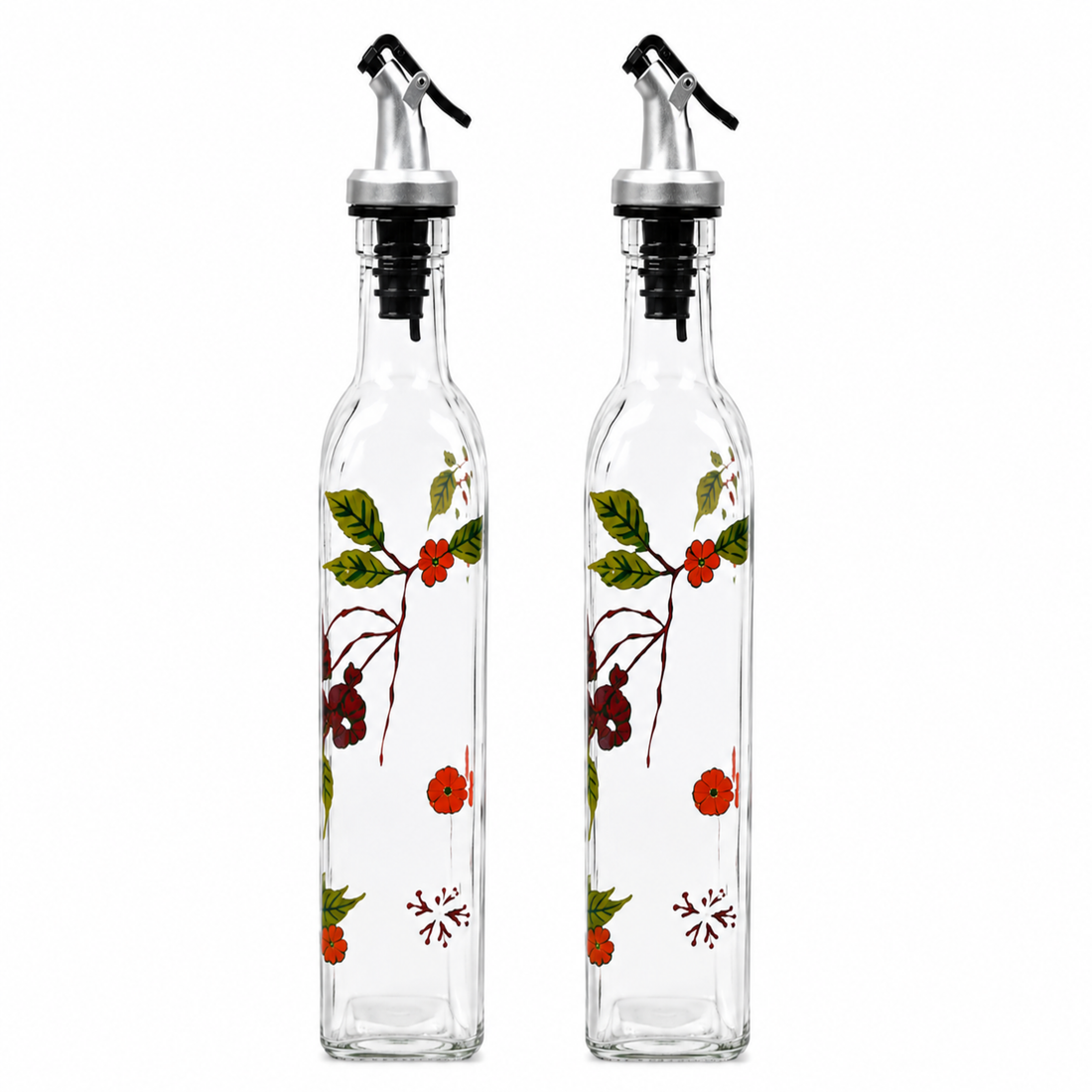 Floral Glass Oil and Vinegar Dispenser Set – 2-Pack Leak-Proof Cruet Bottles with Stainless Steel Pour Spouts for Kitchen &amp; Dining