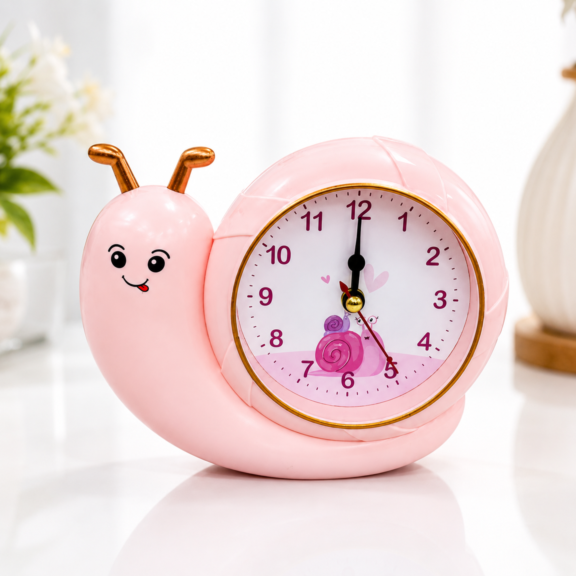 Children’s Nightstand Alarm Clock | Snail Shape Analog Clock | Pink Toddler Room Accessory