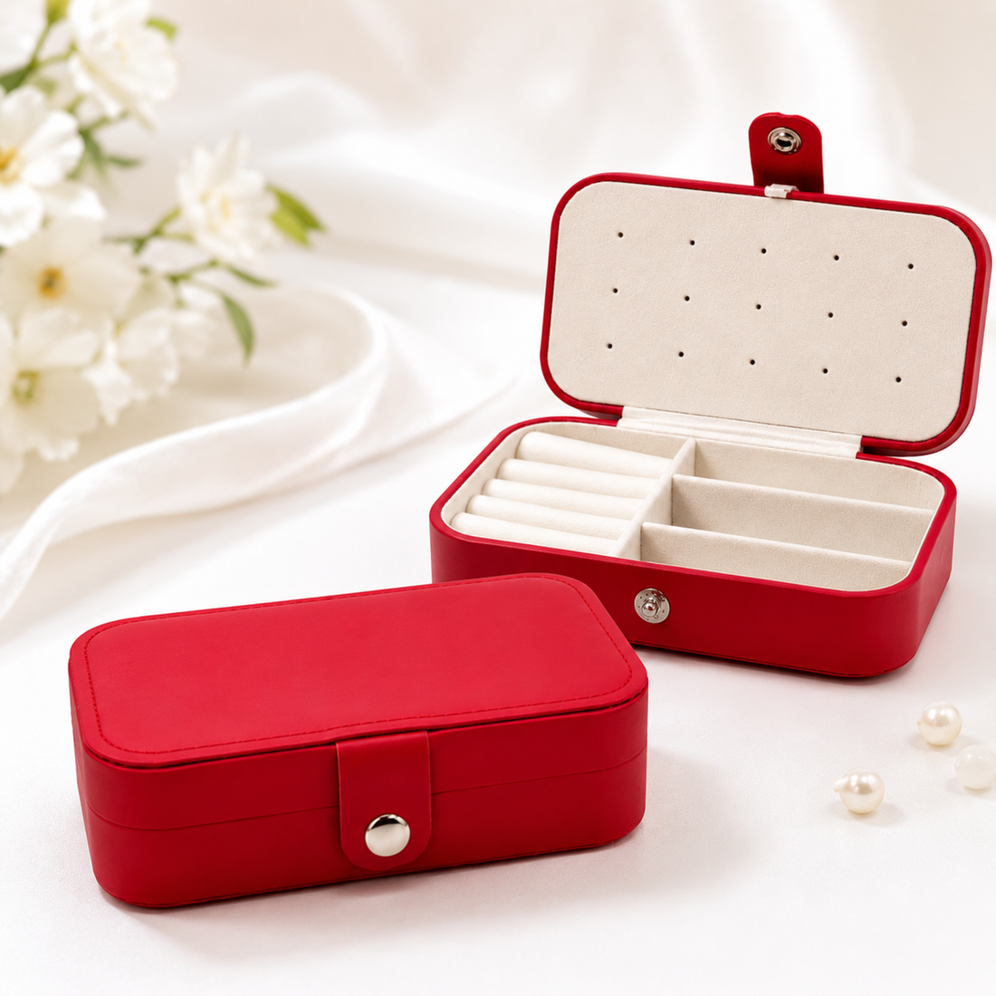 Small Jewelry Travel Organizer Case | Earring Holder &amp; Ring Storage Box | Red Vegan Leather