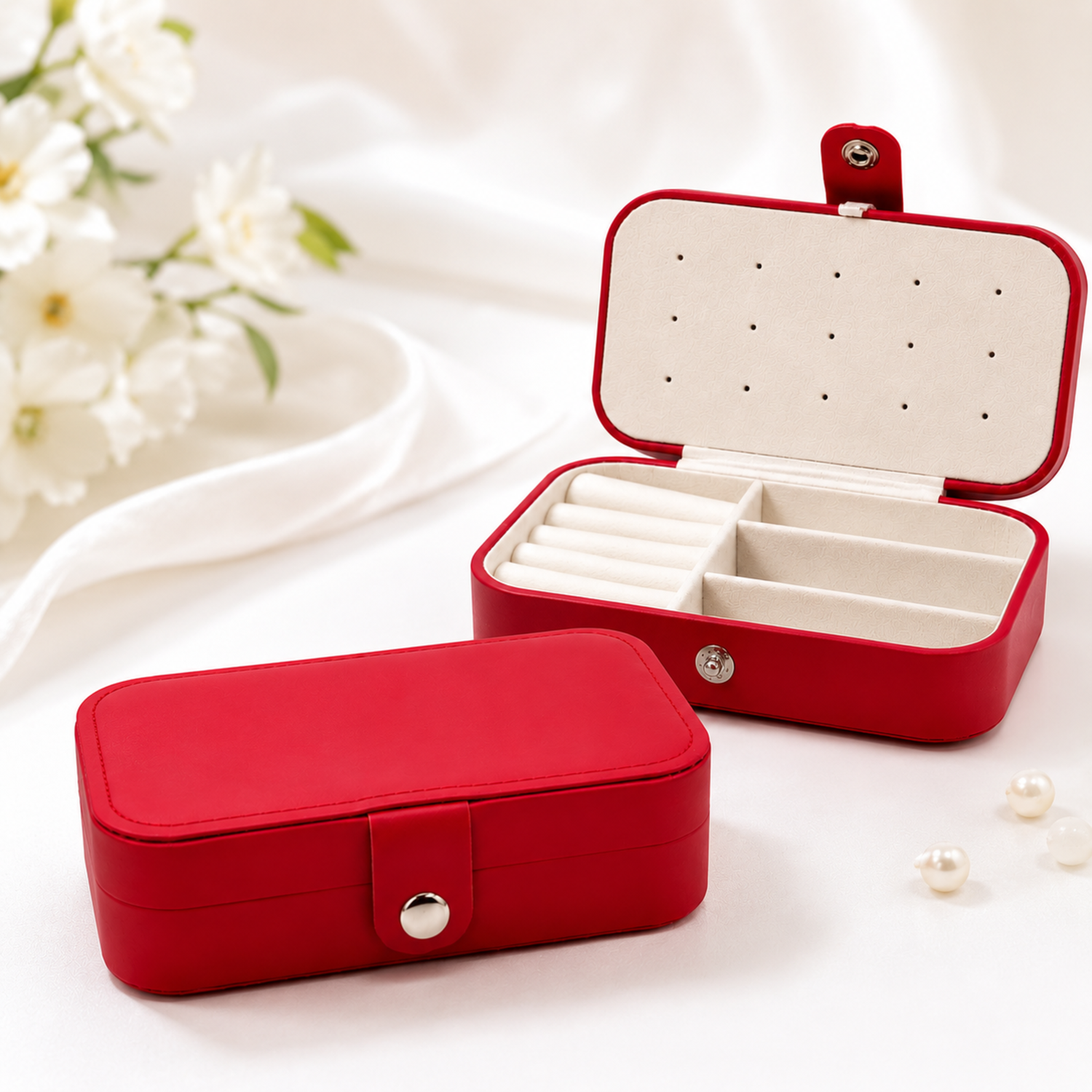 Small Jewelry Travel Organizer Case | Earring Holder &amp; Ring Storage Box | Red Vegan Leather