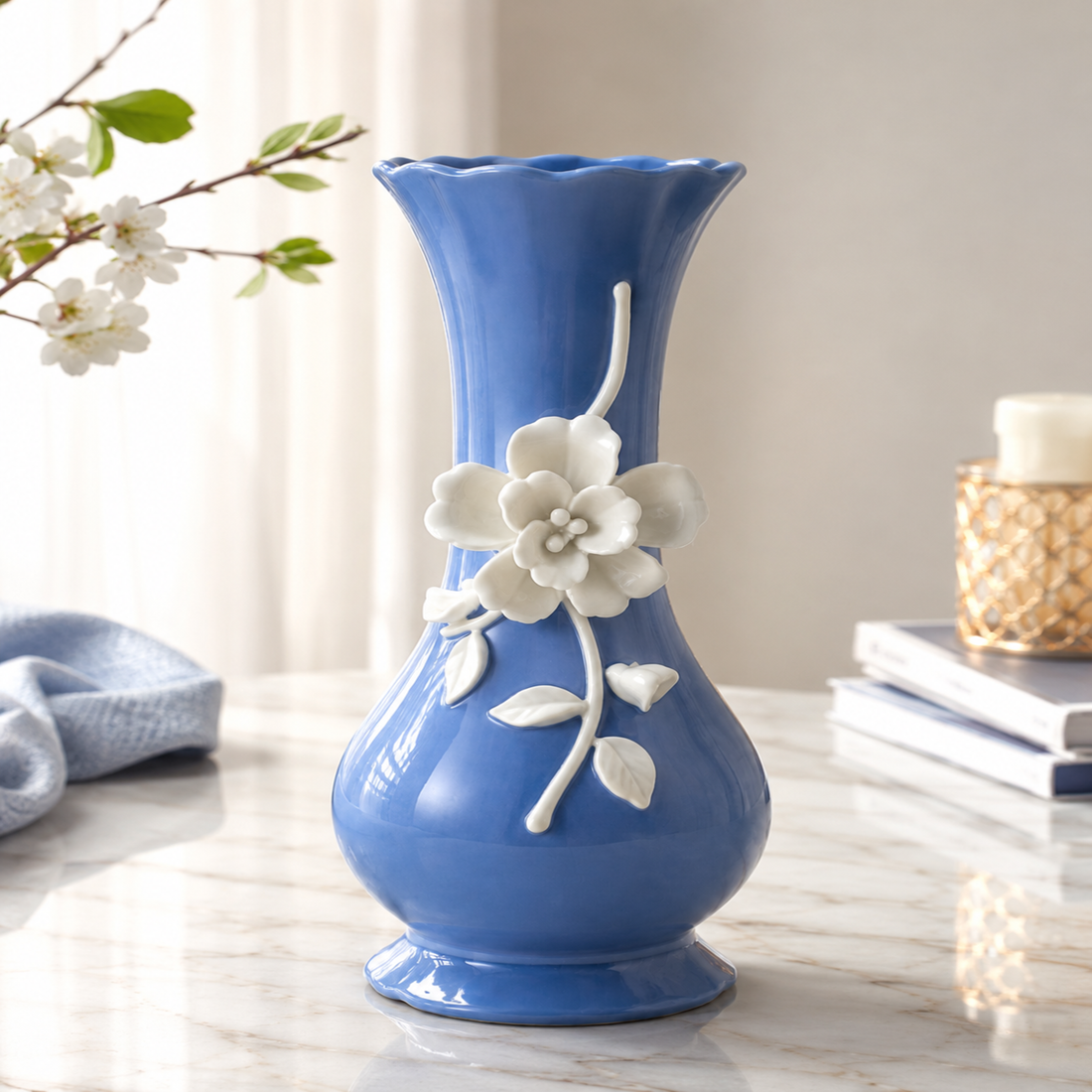 Royal Blue Ceramic Flower Vase – Elegant Handcrafted Floral Decorative Vase for Living Room &amp; Table Décor