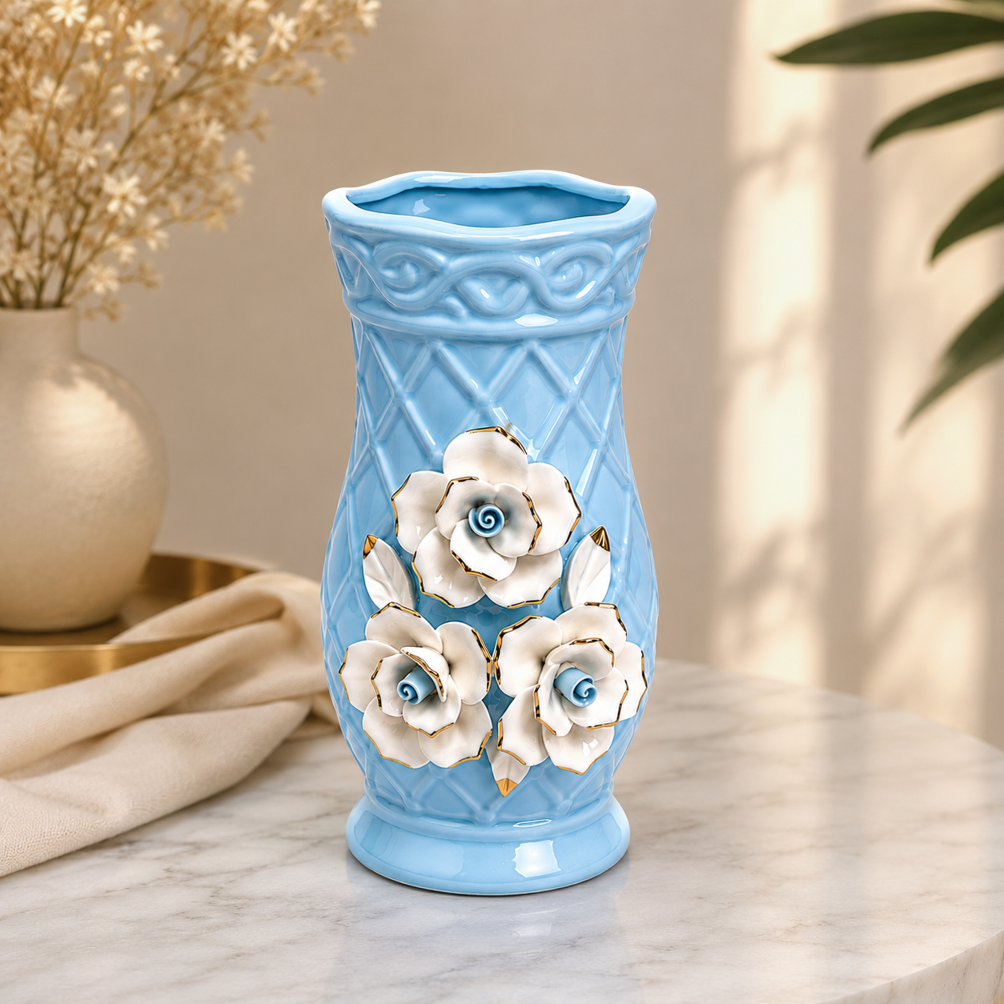 Elegant Sky Blue Ceramic Flower Vase – Handcrafted Floral Embossed Decorative Vase for Home &amp; Office Décor