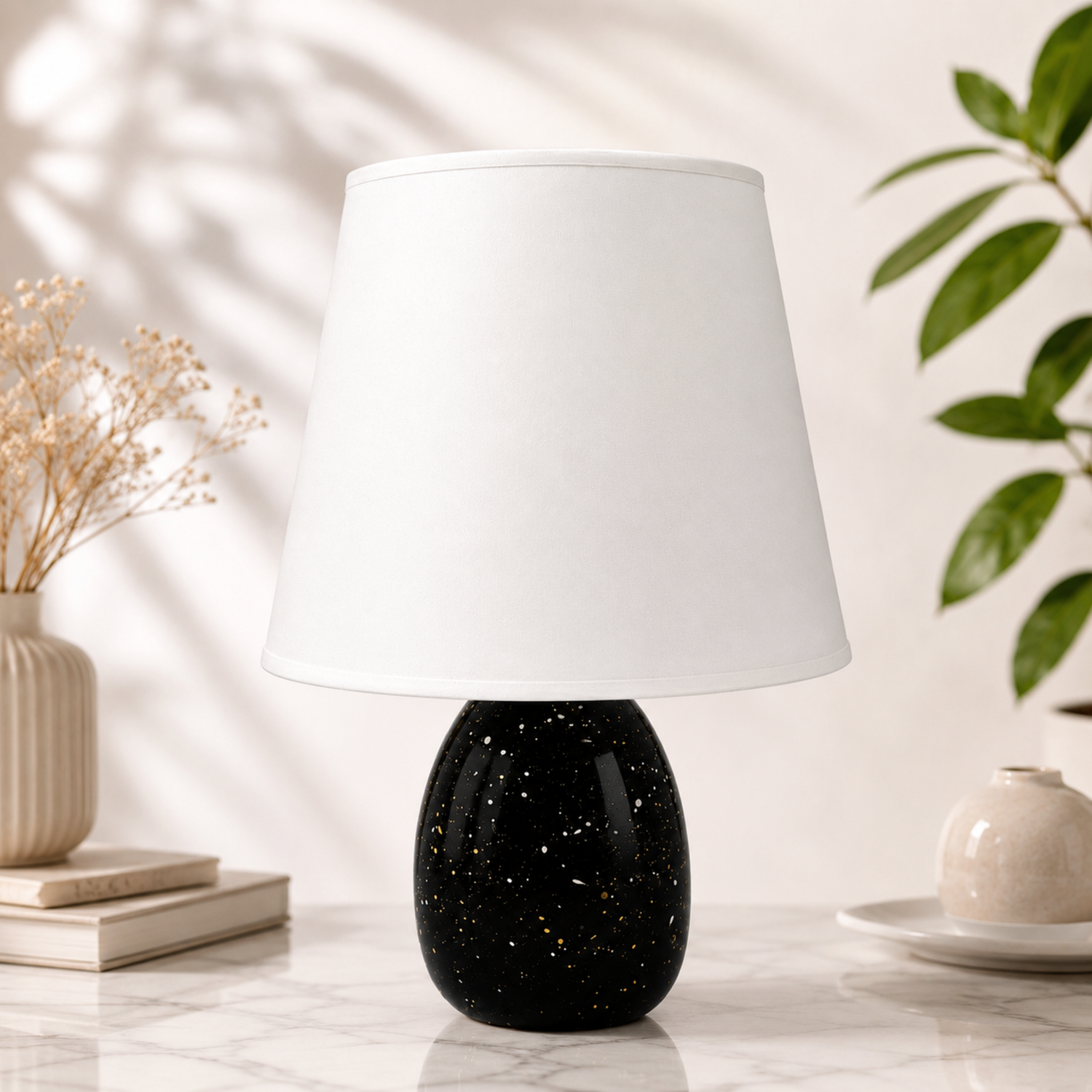 Modern Speckled Ceramic Table Lamp with White Fabric Shade – Black &amp; Gold Galaxy Effect Bedside Light