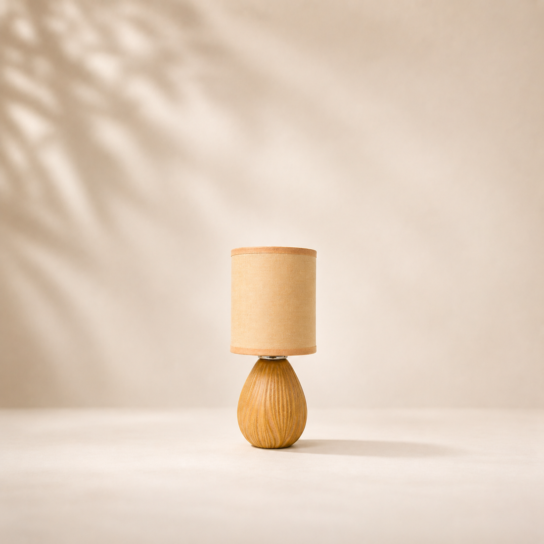 Organic Ribbed Ceramic Table Lamp with Tan Cylinder Shade – Earthy Modern Bedside Light for Boho &amp; Japandi Decor