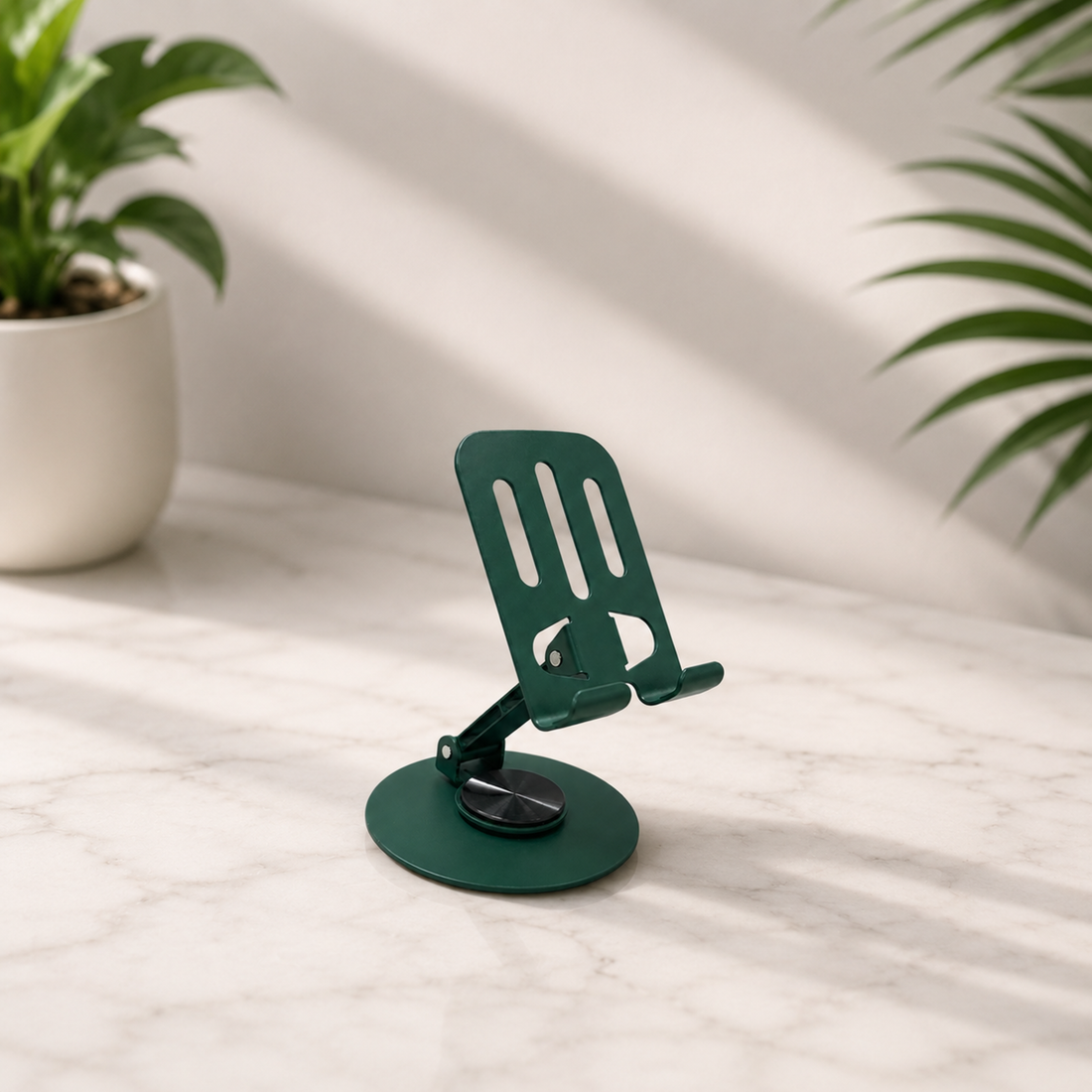 Minimalist White Swivel Desktop Phone Mount – Universal Adjustable Multi-Angle Stand for Video Calls &amp; Office Decor