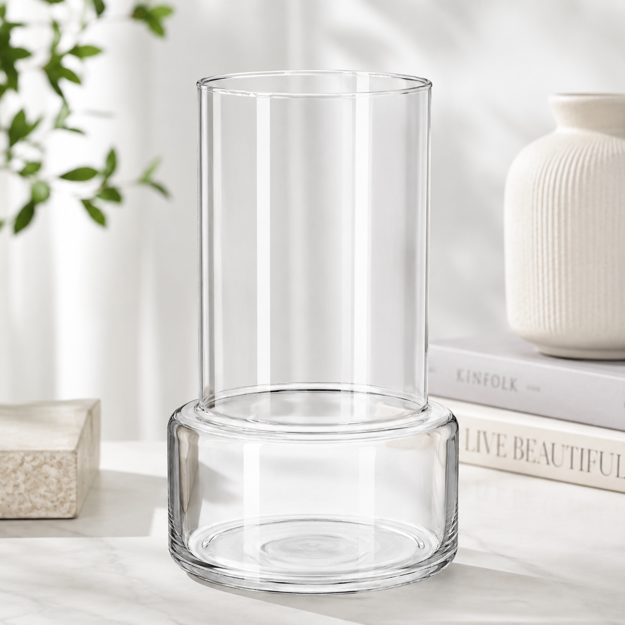 Modern Clear Glass Pillar Vase – Minimalist Two-Tier Cylinder Decorative Centerpiece for Home &amp; Office