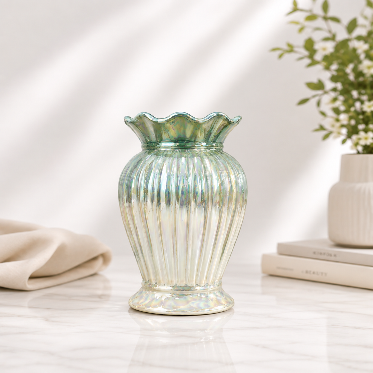 Ethereal Ribbed Glass Vase – Pearlescent Teal Gloss Centerpiece for Modern Home Decor