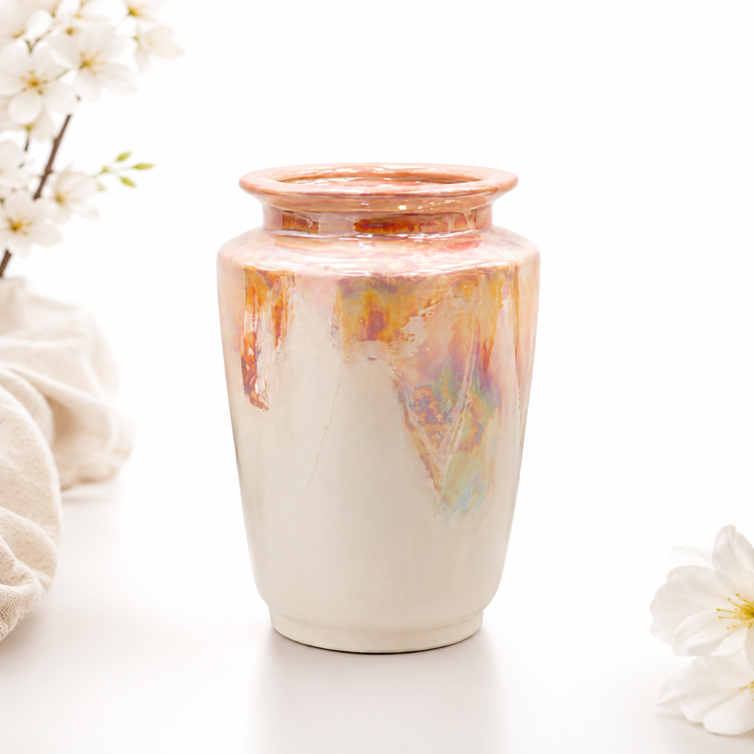 Artisan Iridescent Glaze Vase – Modern Tapered Ceramic Centerpiece with Metallic Sunset Tones