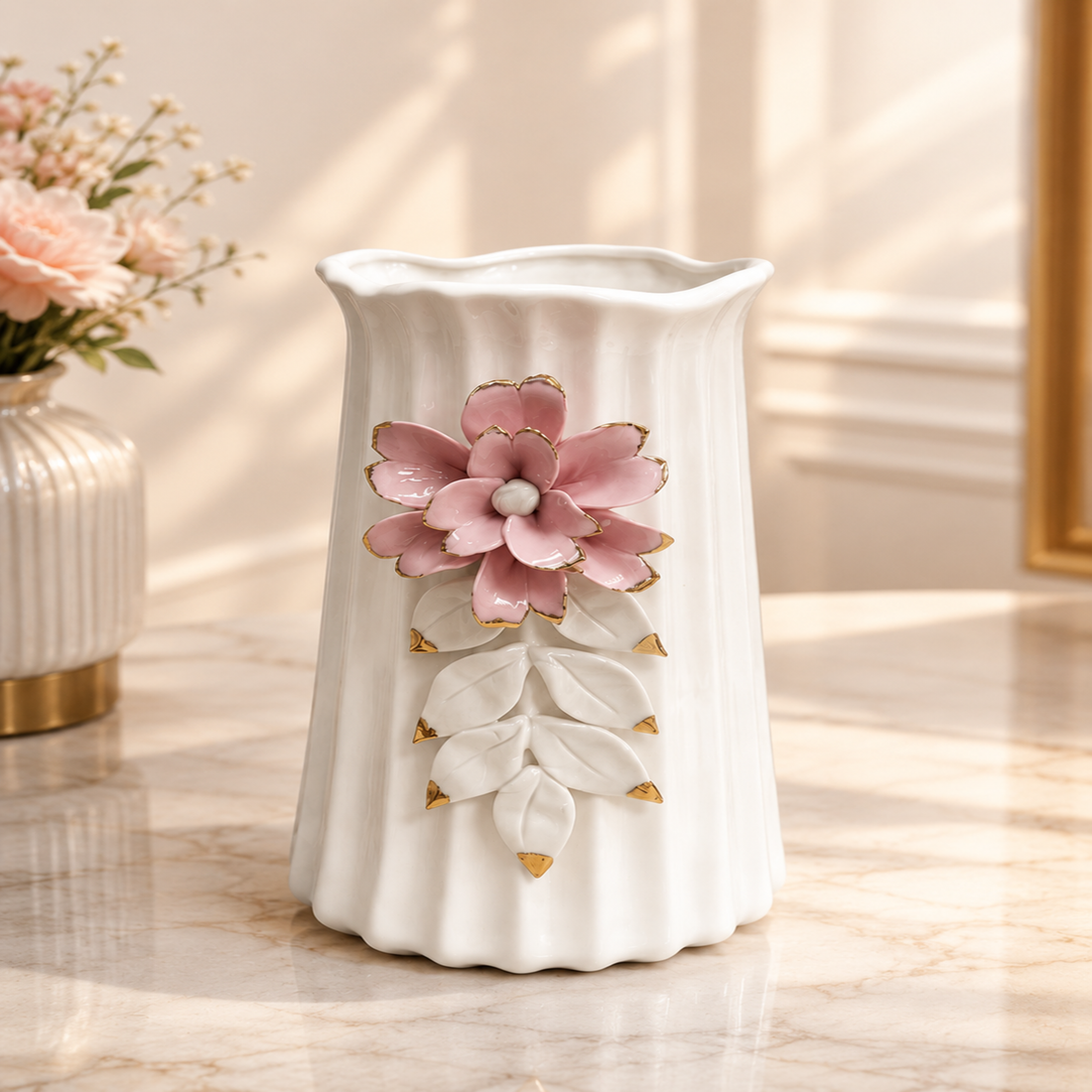 Elegant Floral Ceramic Vase – Decorative White Flower Embossed Tabletop Vase for Home Décor