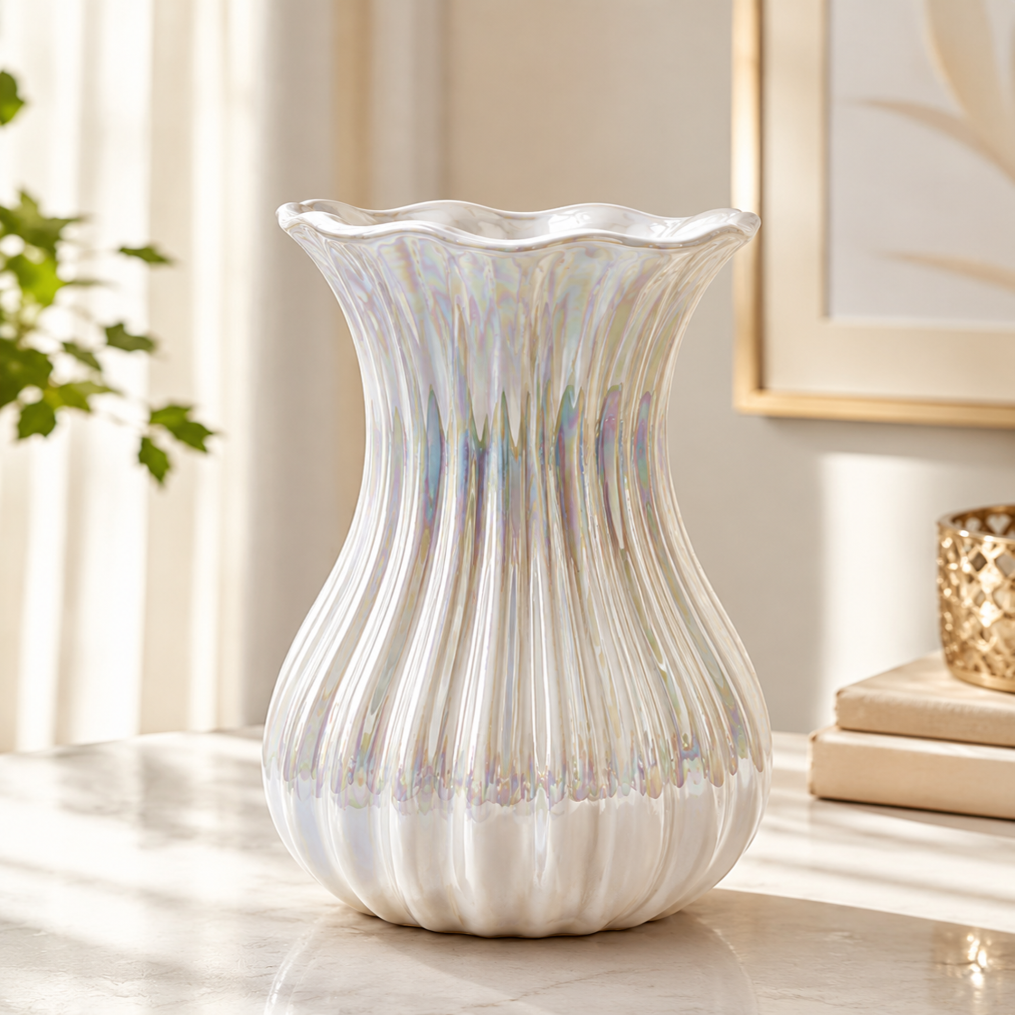 Luxury Iridescent Ceramic Vase – Pearl White Decorative Flower Vase for Elegant Home Décor