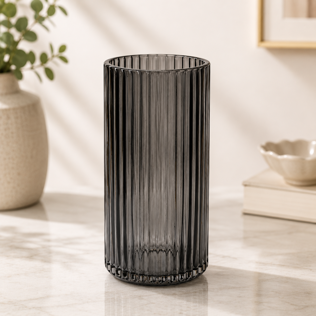 Modern Ribbed Glass Flower Vase – Smoky Grey Decorative Cylinder Vase for Home &amp; Office Décor