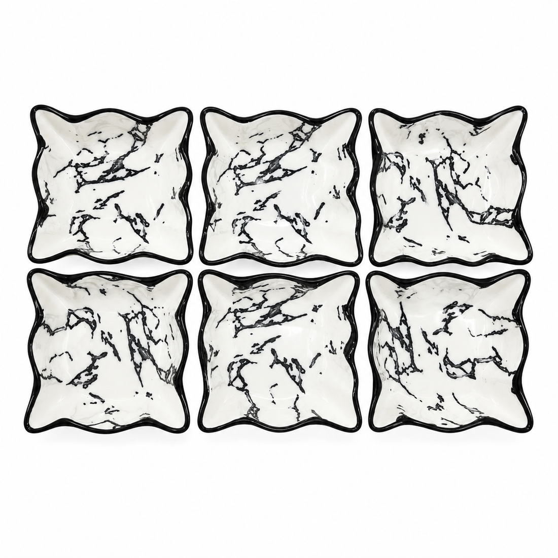 6-Piece Marble Design Ceramic Snack &amp; Dessert Bowl Set – Decorative Serving Bowls with Black Rim