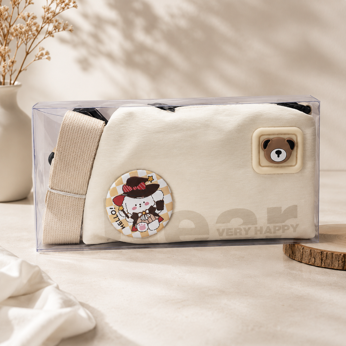 Cute Bear Crossbody Sling Bag for Kids – Soft Plush Shoulder Bag with Adjustable Strap &amp; Badge Set