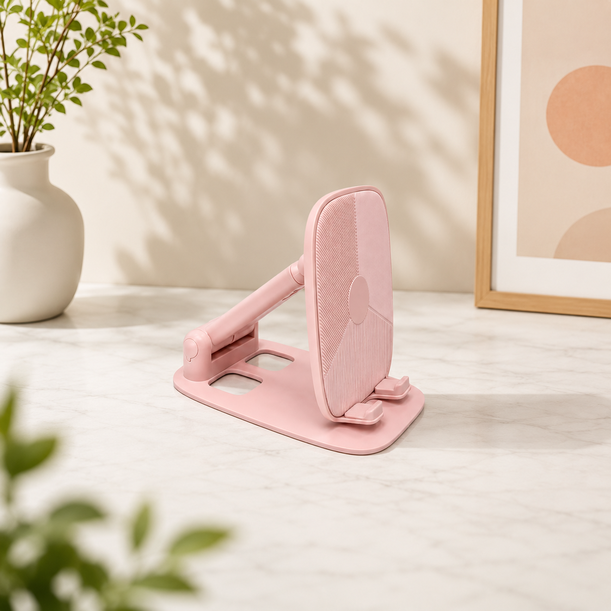 Foldable Adjustable Mobile &amp; Tablet Stand – Portable Desk Phone Holder in Pastel Pink