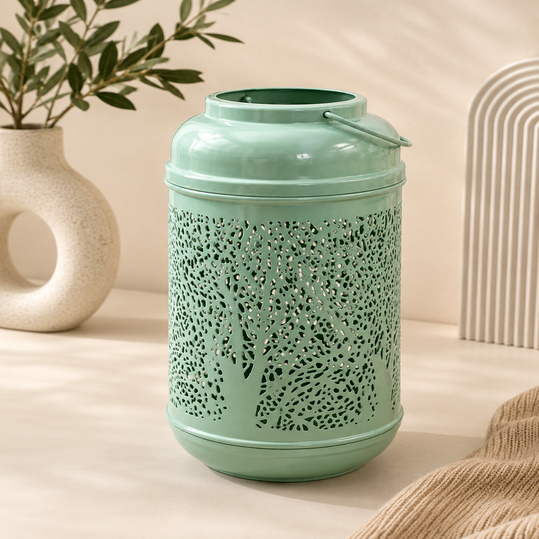 Mint Green Floral Metal Lantern – Decorative Candle Holder for Home &amp; Garden Décor