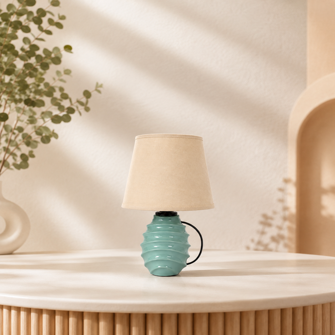 Modern Ceramic Bedside Table Lamp – Decorative Ribbed Accent Lamp with Fabric Shade for Home Décor