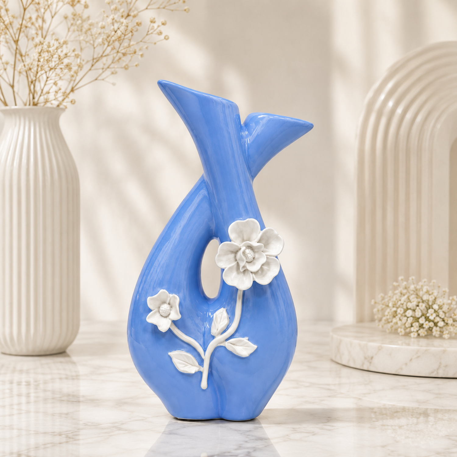 Elegant Blue Floral Ceramic Vase – Modern Decorative Table Accent