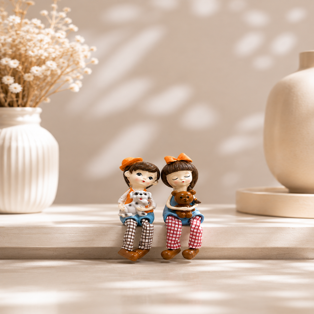Cute Sitting Kids Figurine Set – Handmade Resin Home Décor Showpiece