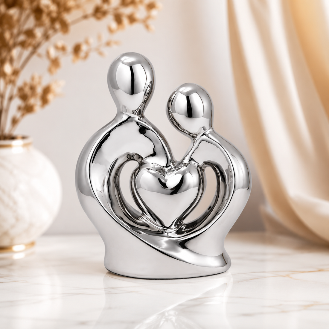 Silver Abstract Couple Heart Sculpture – Modern Luxury Home Décor Showpiece
