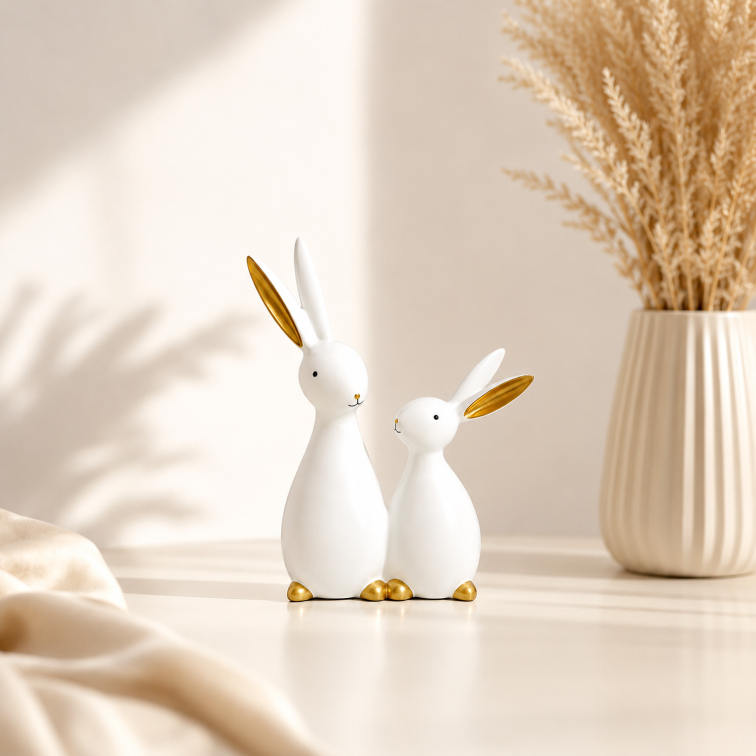 Elegant Rabbit Couple Figurine Set – Modern White &amp; Gold Decorative Showpiece