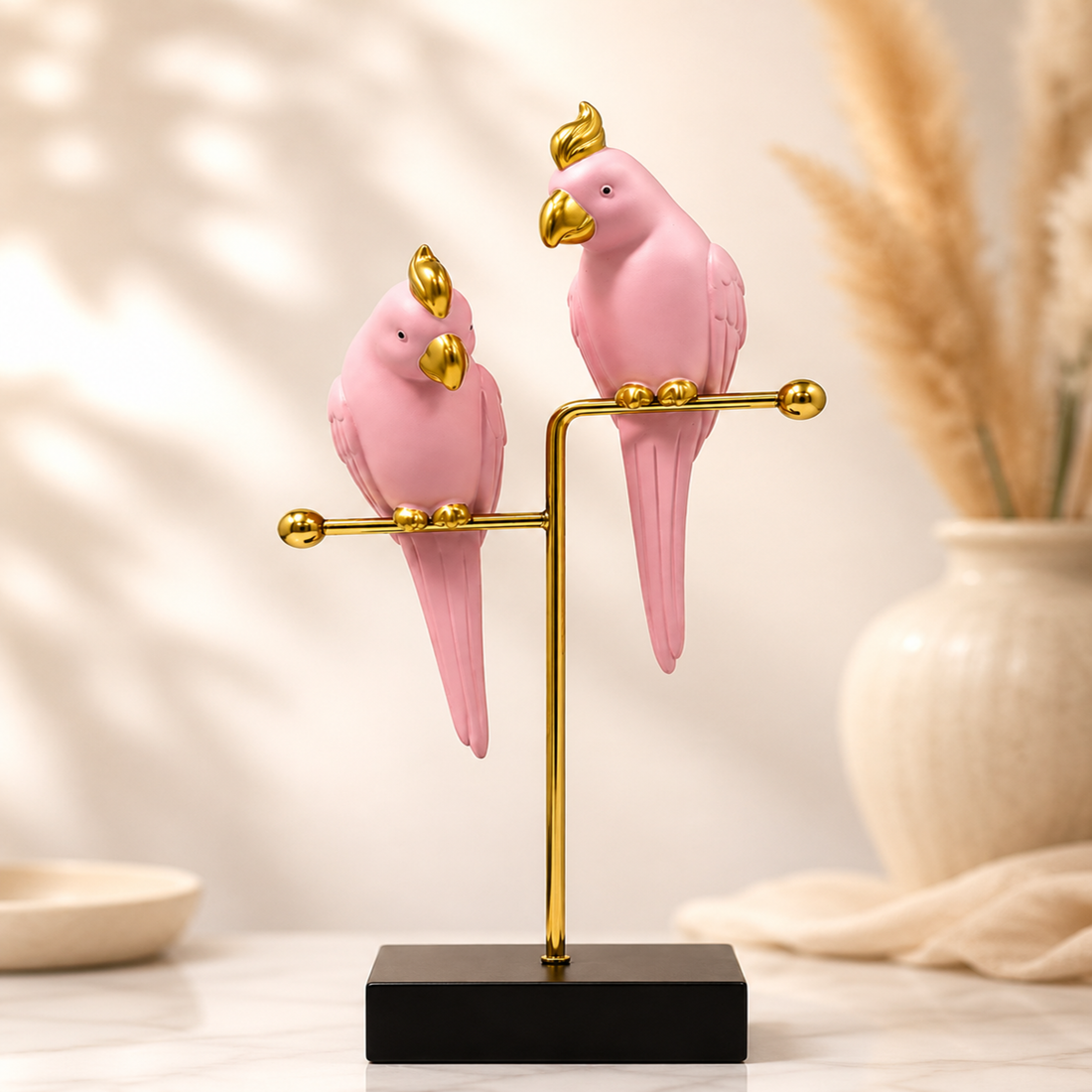 Pink Parrot Bird Figurine Set – Luxury Decorative Tabletop Showpiece