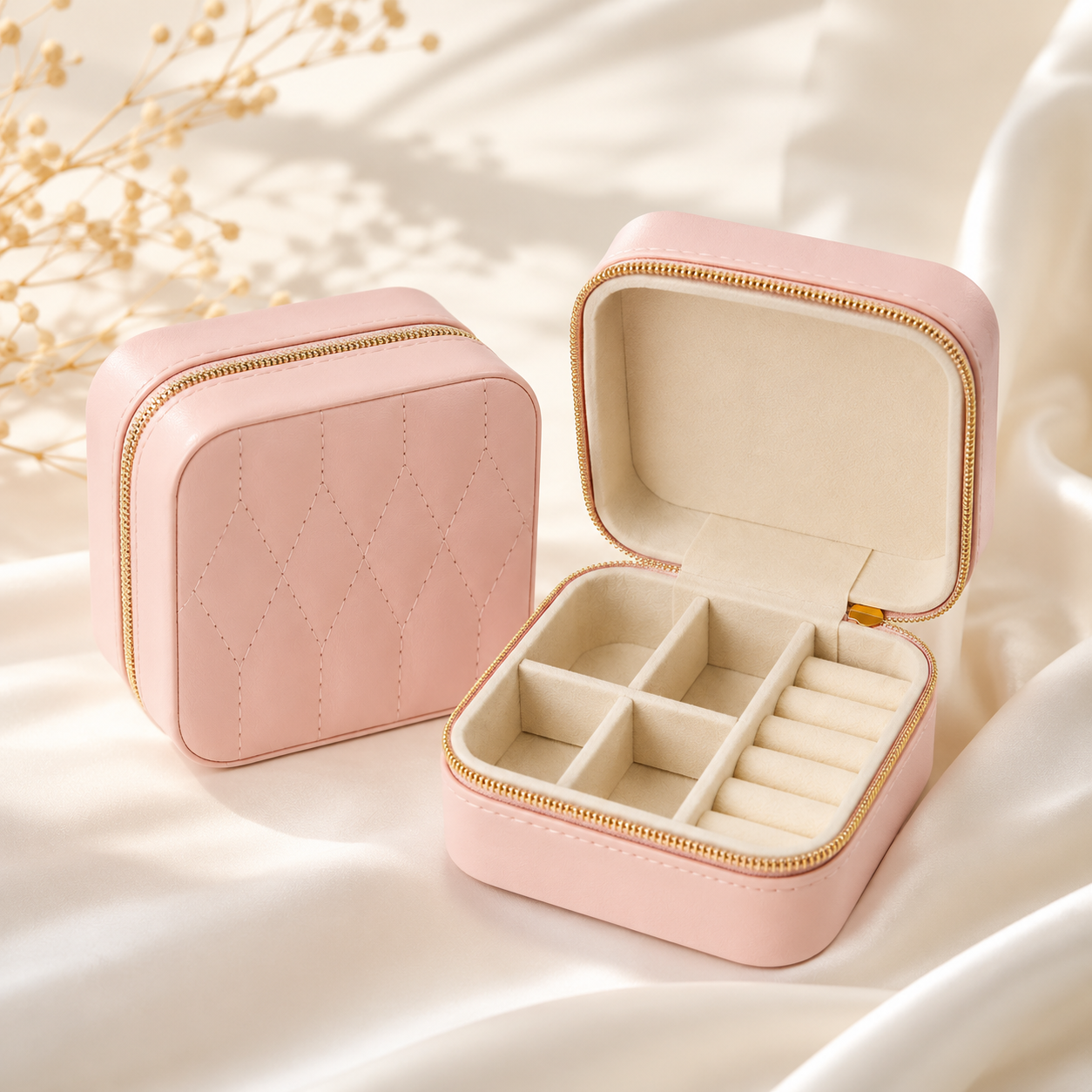 Premium Travel Jewelry Organizer Box – Portable PU Leather Jewellery Storage Case (Blush Pink)