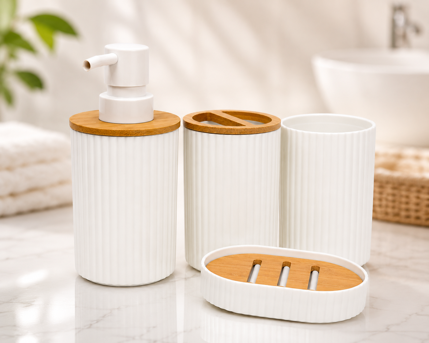 Premium Ceramic Bathroom Accessories Set – 4-Piece Soap Dispenser, Toothbrush Holder &amp; Soap Dish Set with Bamboo Lid
