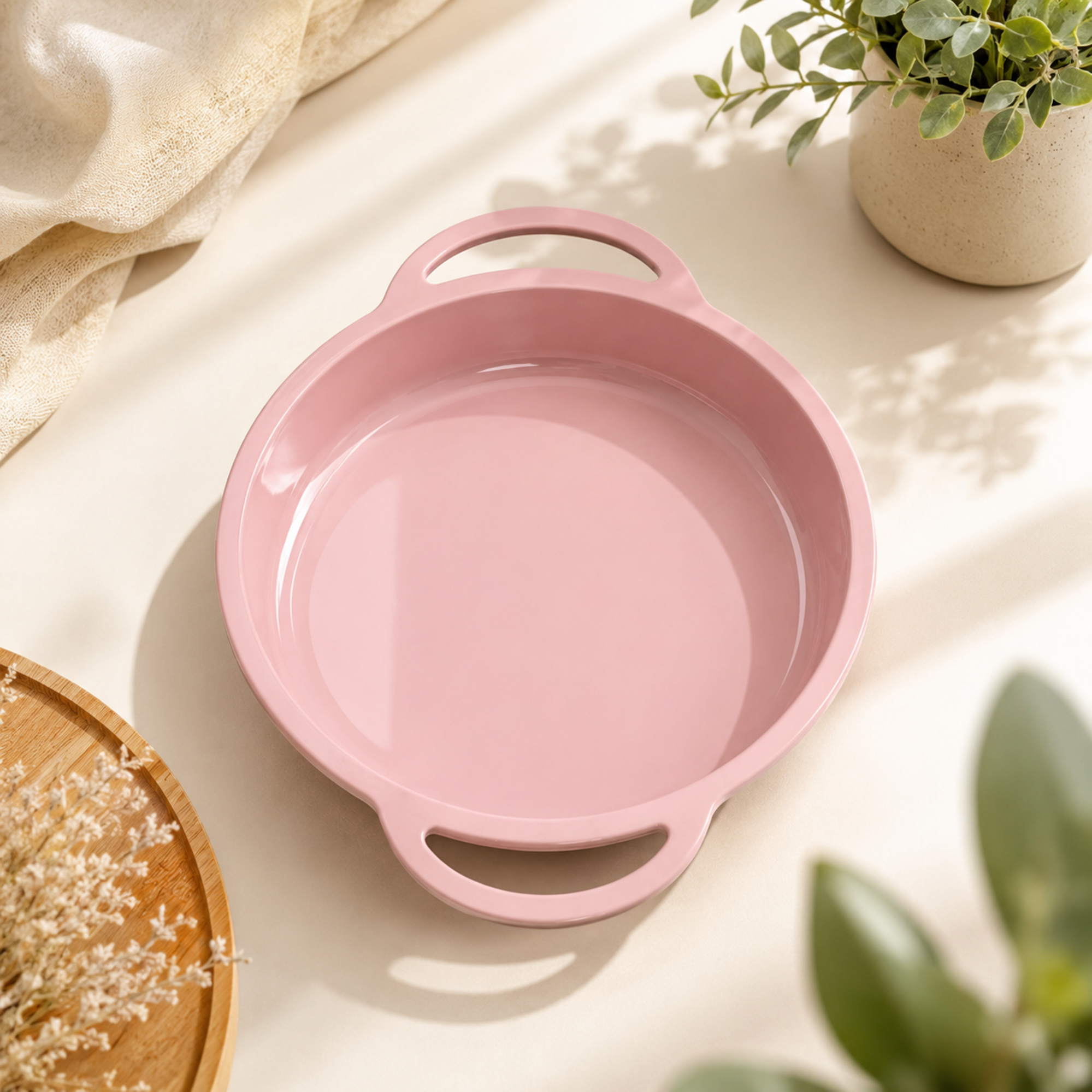 Pastel Pink Ceramic Baking Dish – Round Oven-to-Table Serving Casserole