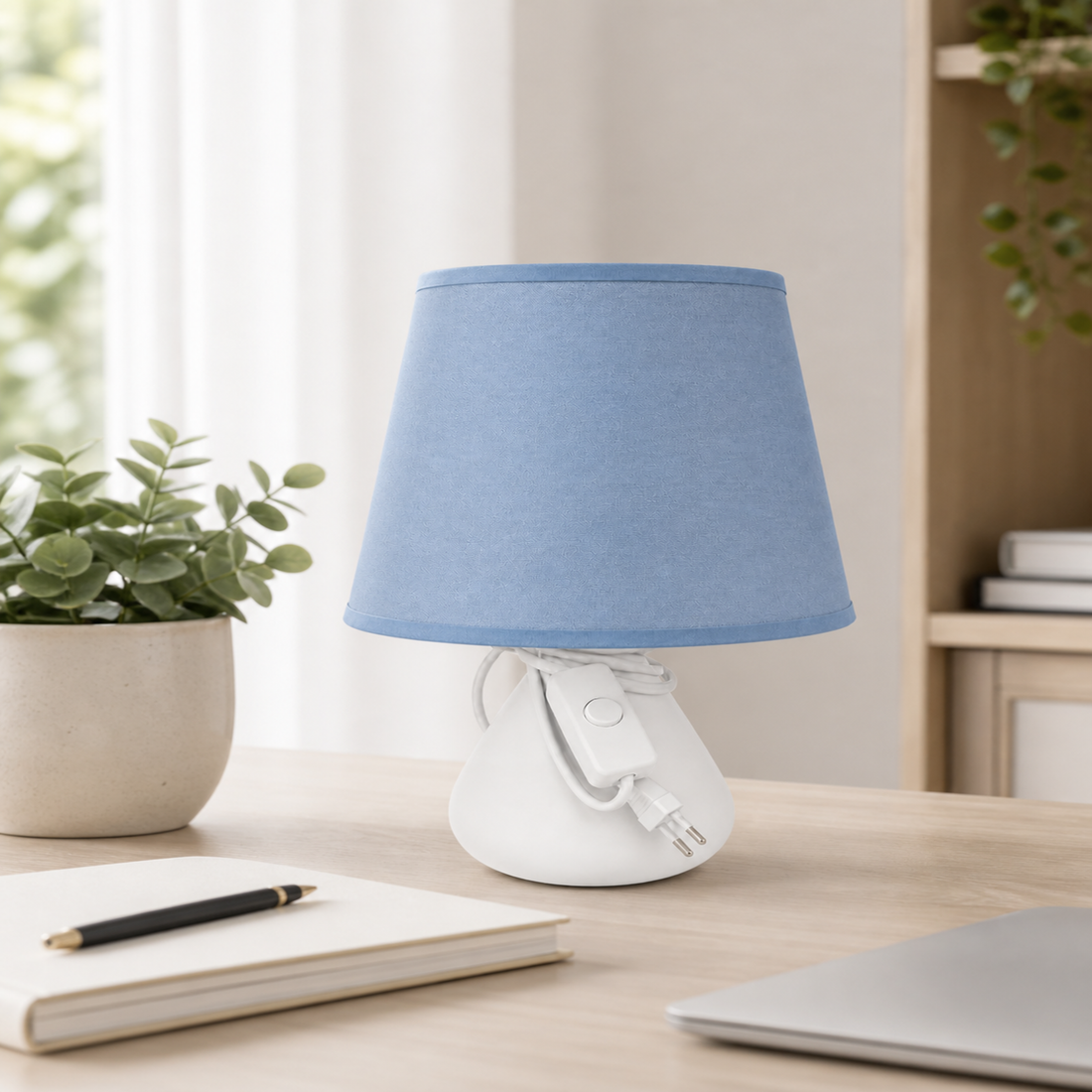 Compact Modern Table Lamp with Blue Fabric Shade – Minimalist Bedside Nightstand Light for Bedroom &amp; Office
